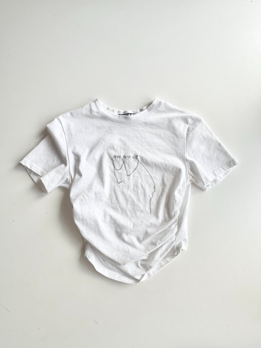 HYEIN SEO White 100% Cotton "Save Yourself" Embroidered Chain T-Shirt, Size M - Picture 7 of 14